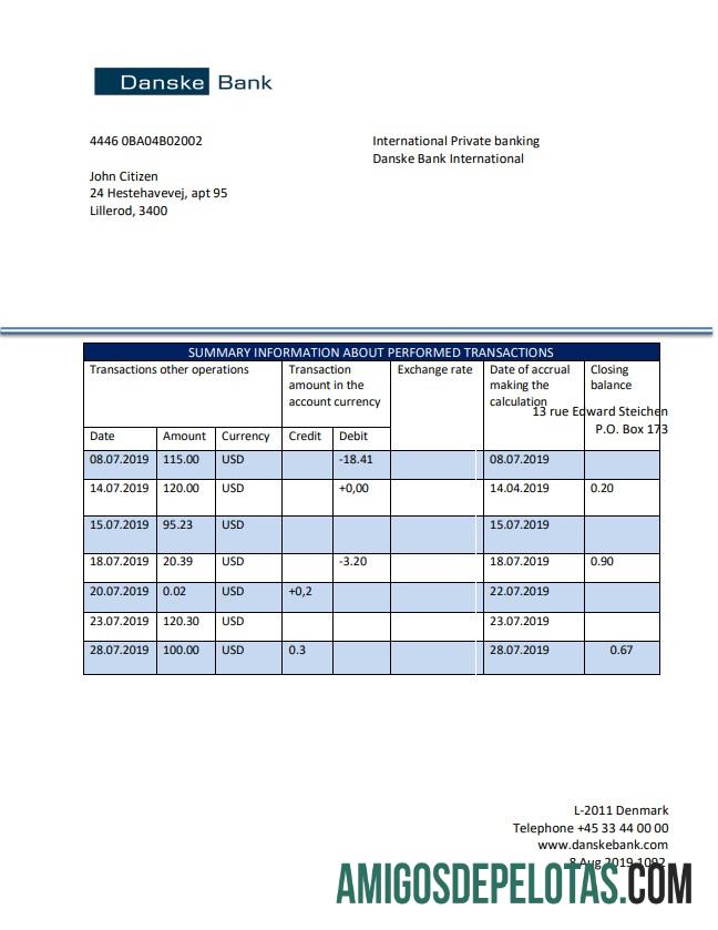 Exemplo de extrato bancário da Dinamarca Danske